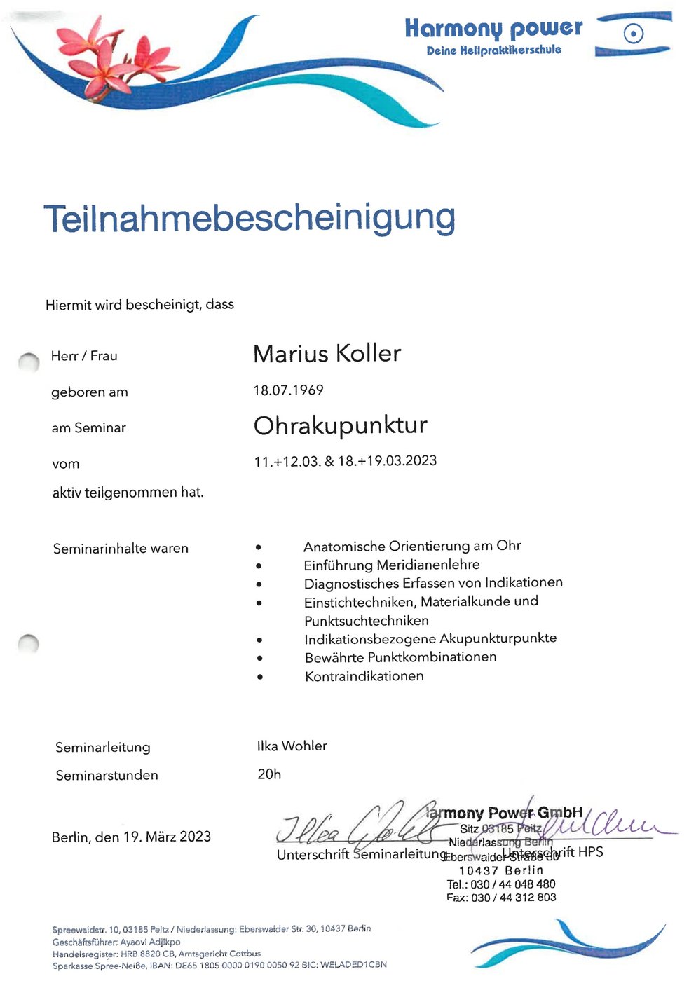 Ear Acupuncture certificate