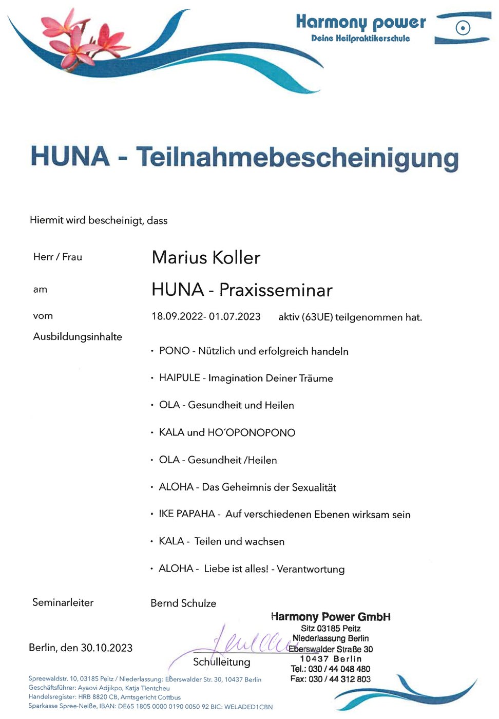 HUNA Energy Healing certificate