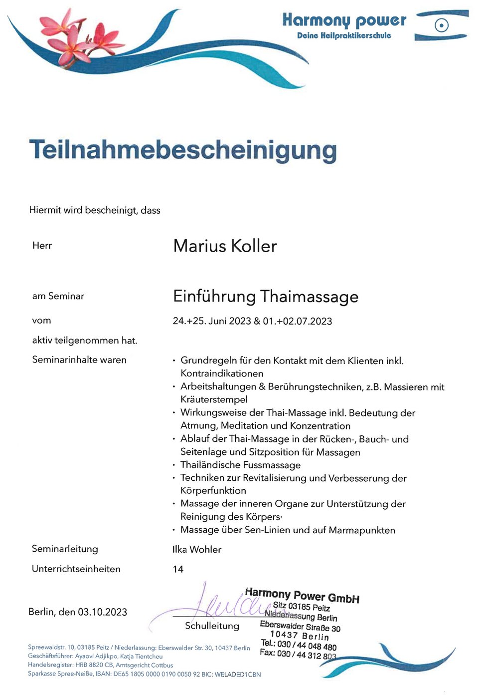 Thai Massage certificate