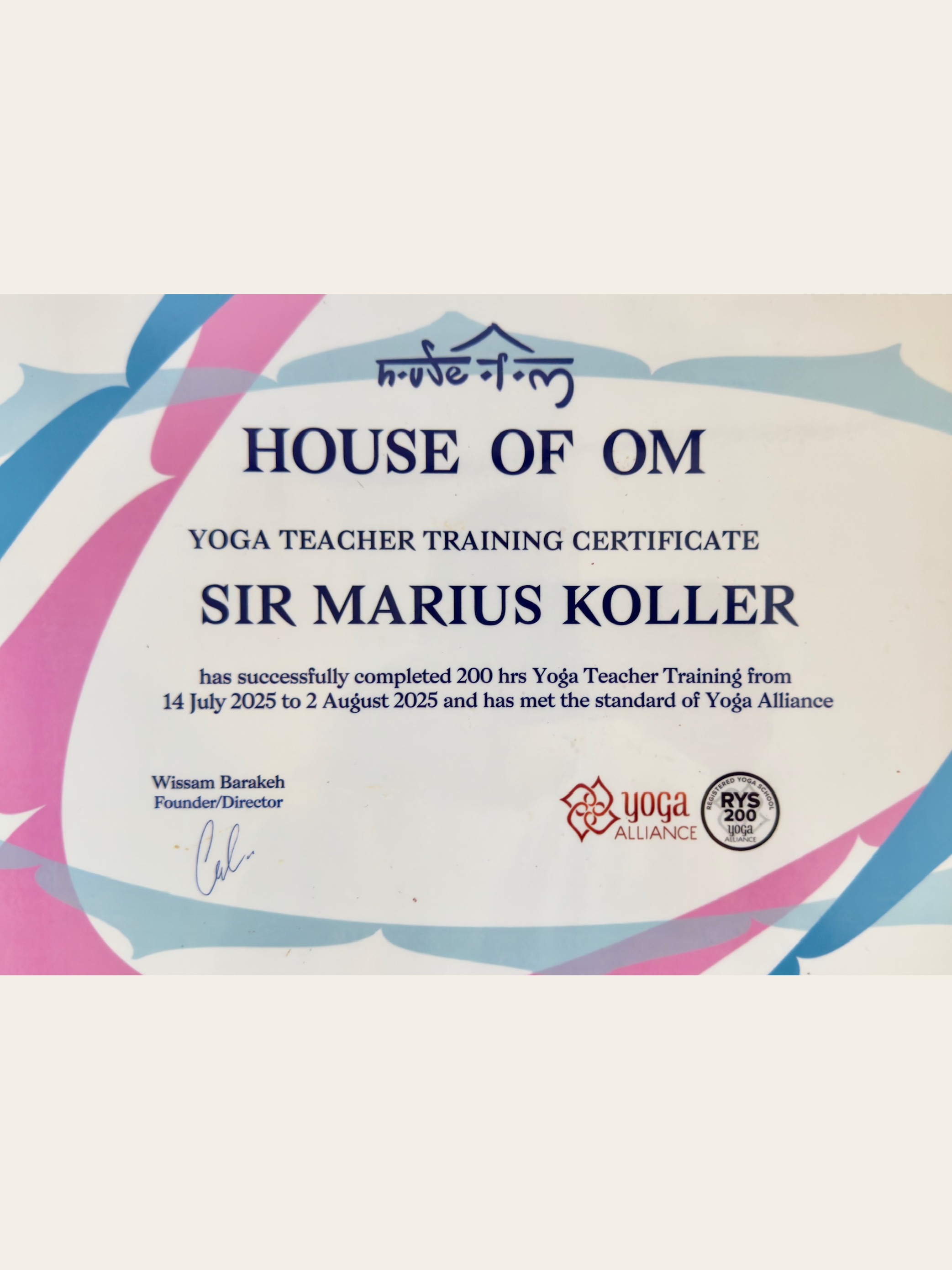 200-Hour Yoga Teacher Training (RYS 200) certificate